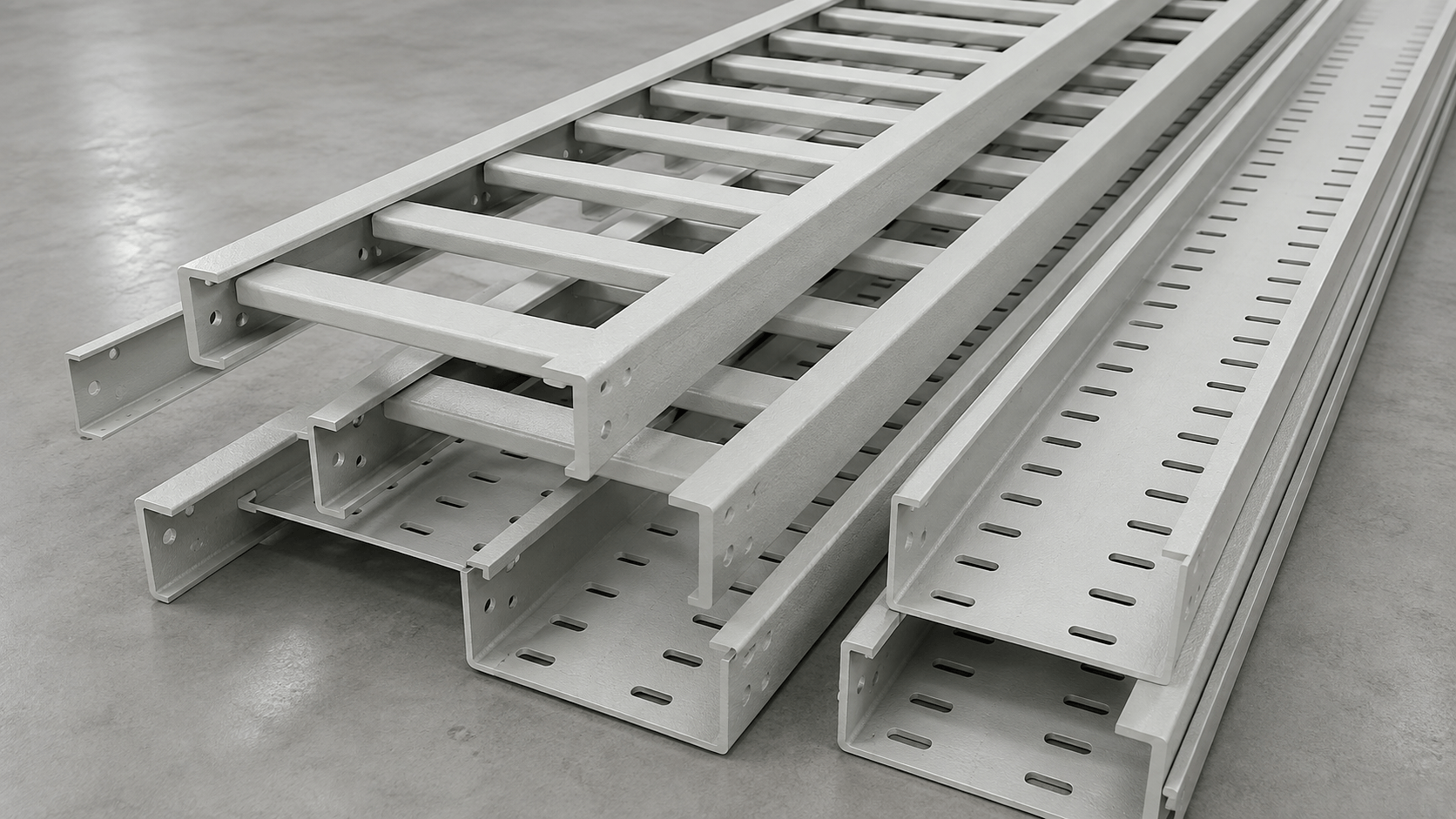 FRP ladder and perforated cable trays stacked on the despatch bay floor